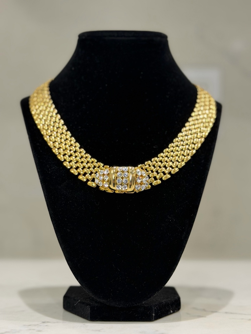 Vintage Gold-Tone Panther Link Crystal Accent Statement Necklace